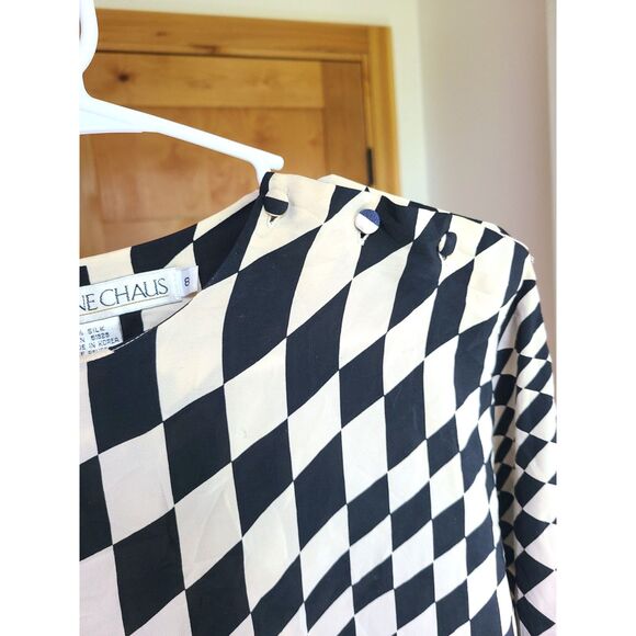 Vtg Josephine Chaus 100% Silk Black White 8 Geometric Modern Minimalist Blouse - Picture 4 of 7
